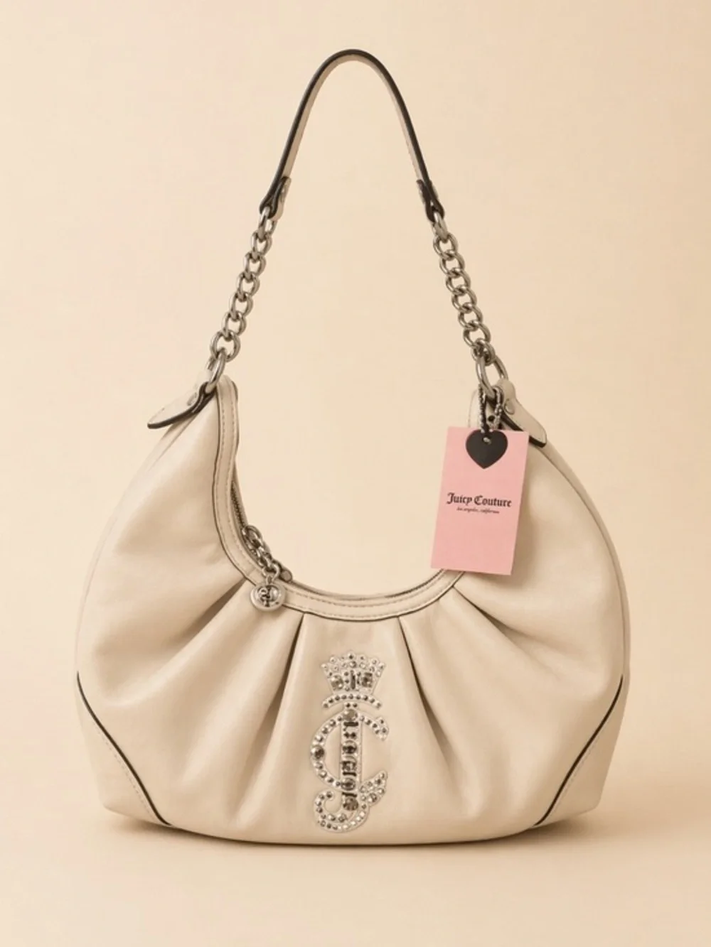 NWT Juicy Couture Beige Rhinestone Logo Hobo Bag ✨ Chain Accent • Y2K Luxe
